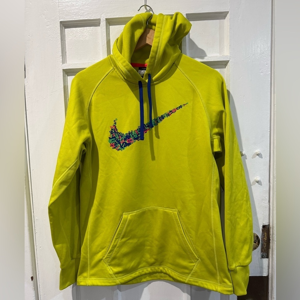 Nike Women's Lime Green Sweater with Multicolor Logo